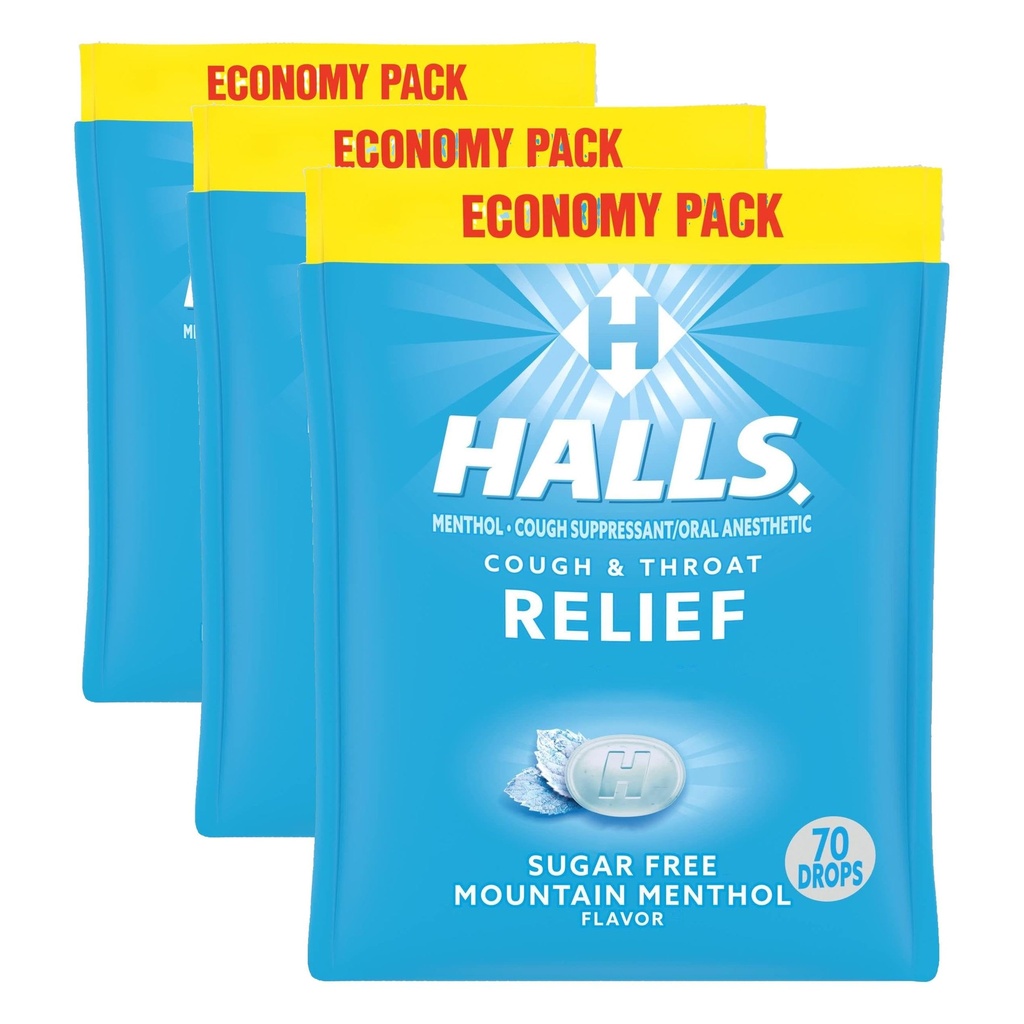 Halls Relief Mountain Menthol Sugar Free Cough Drops, Economy Pack, 70 Drops (Pack of 3)