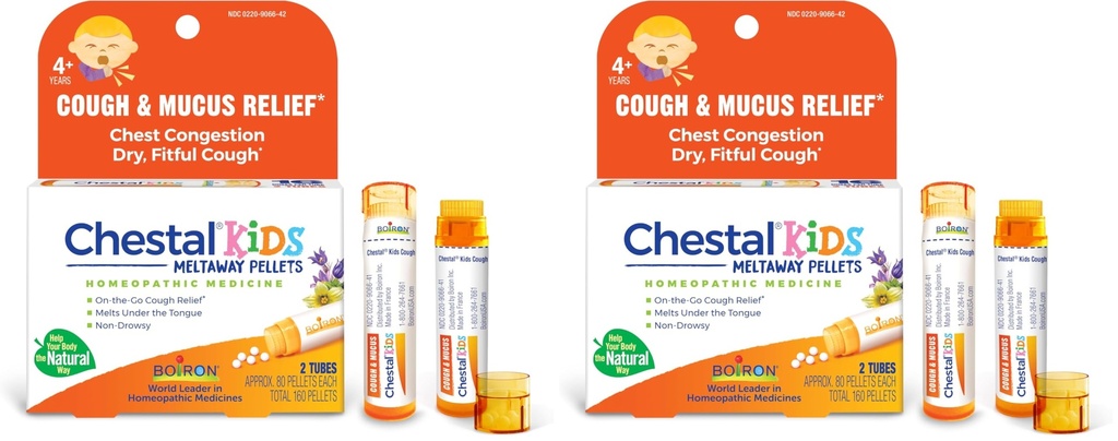 Boiron Chestal Kids Pellets for Cough and Mucus Relief, Nasal or Chest Congestion, and Sore Throat Relief - 80 Count (Pack of 4)