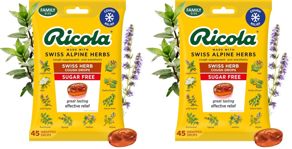 Ricola Sugar Free Original Natural Herb Cough Drops, 45 Count, Cough Suppressant & Throat Relieving Drops with Naturally Sourced Menthol, Pleasing Taste for Coughs & Throat Irritation Symptom Relief