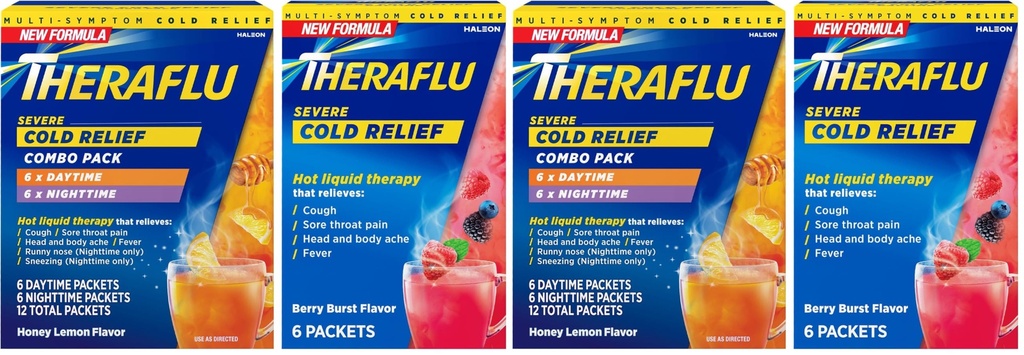 Theraflu Combo Daytime & Nighttime Severe Cold Relief Honey Lemon Flavor Powder & Daytime Severe Cold Relief Berry Burst Flavor, 6 Daytime+6 Nighttime&6 Berry Burst Powder Packs (Pack of 2)