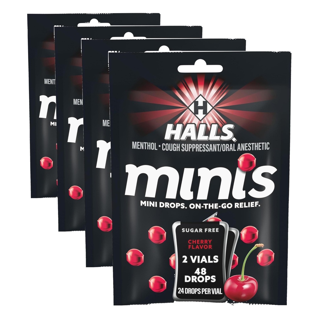 HALLS Minis Cherry Flavor Sugar Free Cough Drops, 48 Drops (Pack of 4)