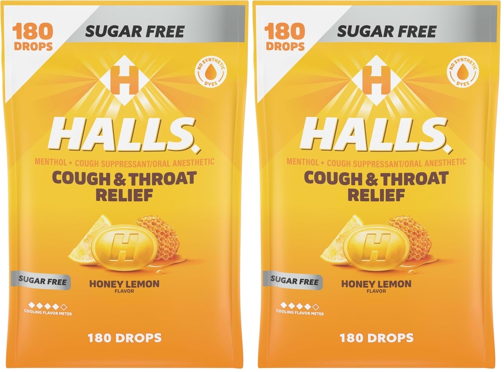 Halls Relief Honey Lemon Sugar Free Cough Drops, Value Pack, 180 Drops (Pack of 2)