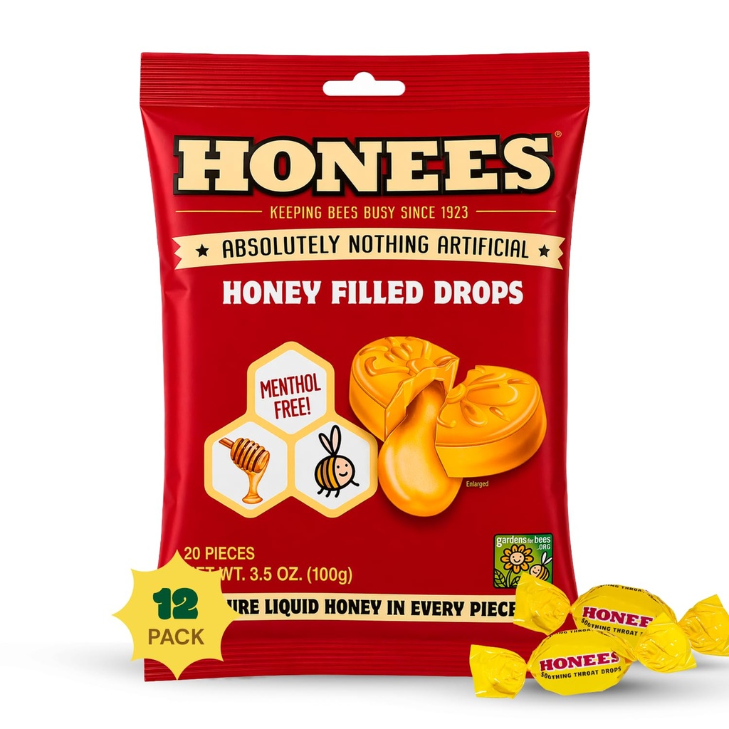 Honees Honey Filled Drops, Honey Cough Drops with Real Natural Sore Throat Relief-Nothing Artificial-Throat Coat Lozenges, Natural Cough Suppressant, Non-GMO (12 Pack – 240 drops)