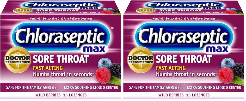 Chloraseptic Max Strength Sore Throat Relief Lozenges, Wild Berry, Drops with Liquid Center to Numb Sore Throat, 15 Count (Pack of 2)
