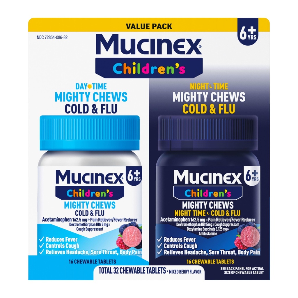 Mucinex Children's Mighty Chews Cold/Flu Day/Night Value Pack, 32 Chewables