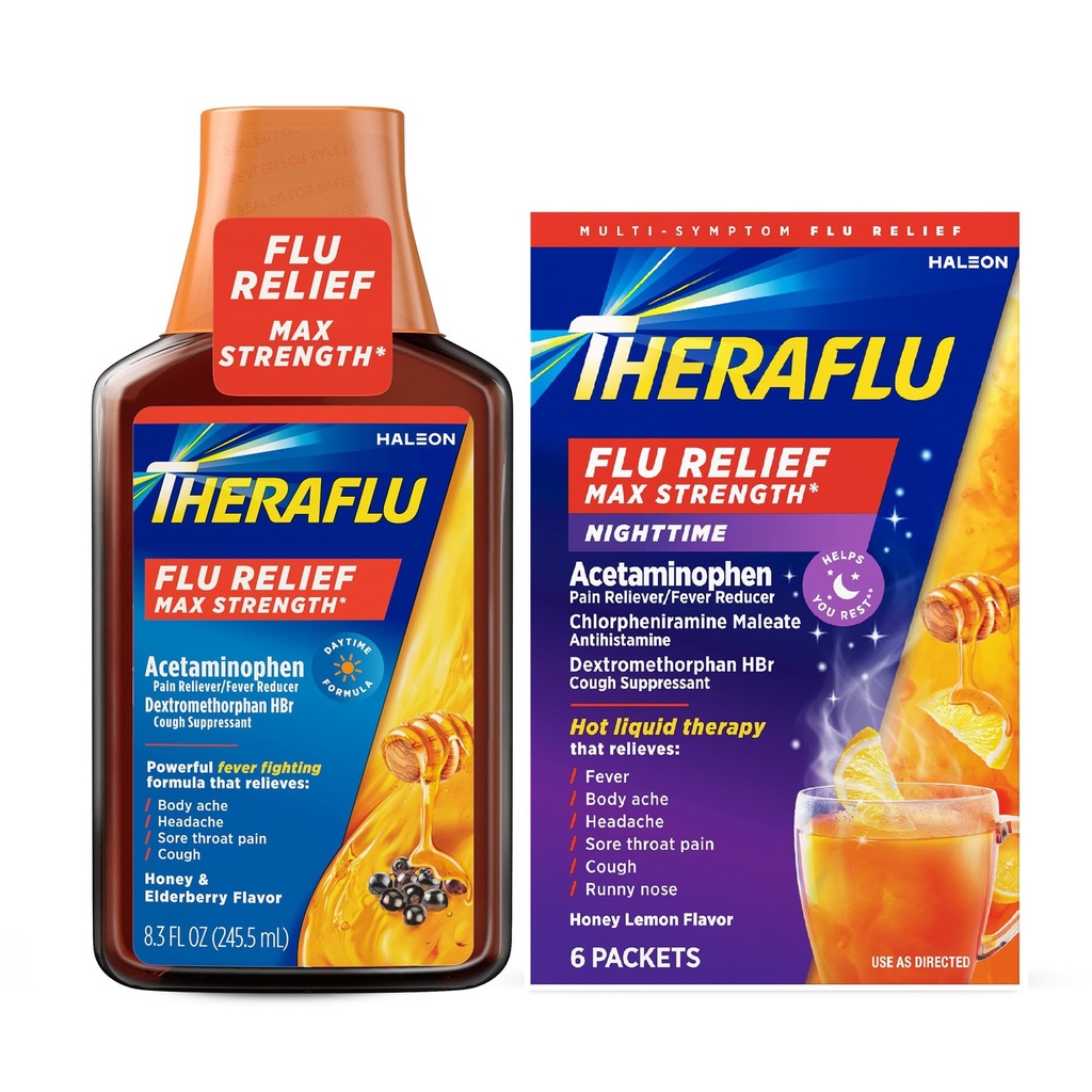 Theraflu Day and Night Pack, 8.3 fl oz Syrup and 6 Packets | Cold, Cough, and Flu Relief Max Strength Value Pack, Honey and Elderberry Syrup, Honey Lemon Packets, For Day and Night