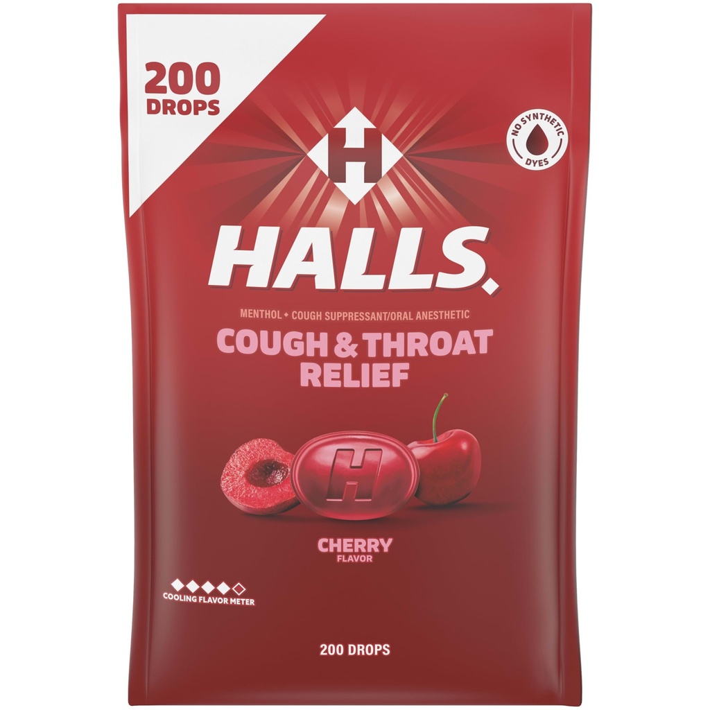 HALLS Cough & Throat Relief Cherry Cough Drops, Bulk Pack, 200 ct | No Synthetic Dyes