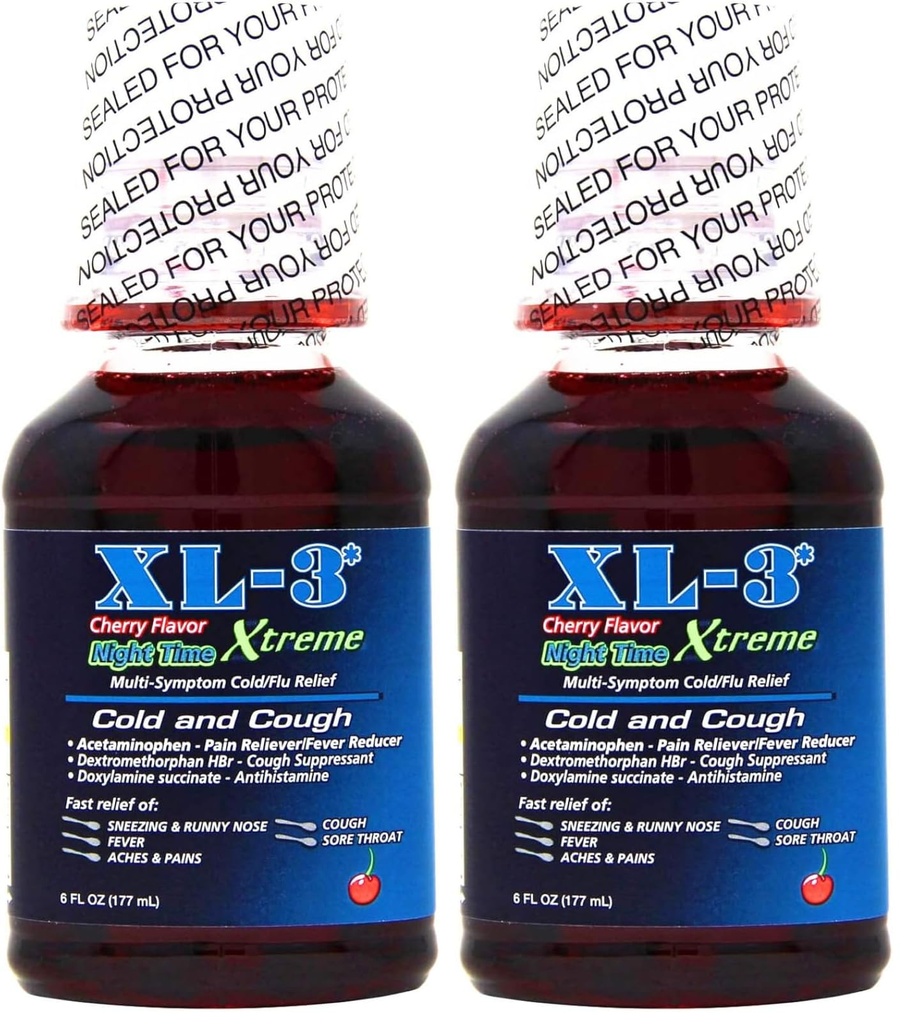 XL-3 Night Time, Non-Drowsy, for Cold and Flu Symptoms, Helps Relieve Nasal Congestion and Fever, 6 FL Oz, Bottle. (Pack of 2)
