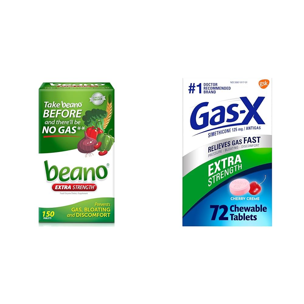 Beano Food Enzyme Dietary Supplement | Help Digest Gas-Causing Foods | 150 Tablets & Gas-X Extra Strength Chewable Gas Relief Tablets with Simethicone 125 mg for Bloating Relief, Cherry - 72 Count