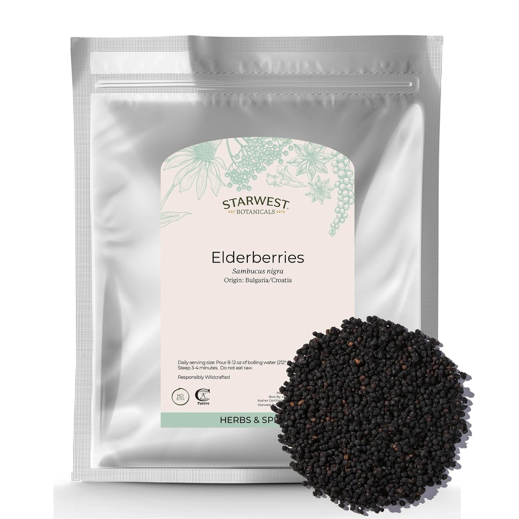 Starwest Botanicals Whole Elderberries, Tea, Gummies, & Jam - Bulk 1 lb Bag | Dried Elderberries for Syrup, Certified Kosher, Wildcrafted Natural Berries