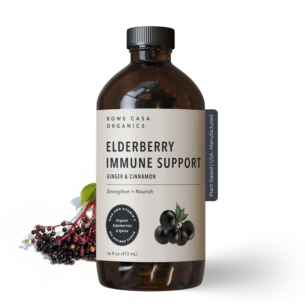Rowe Casa Organics Elderberry with Antioxidants, Zinc, Vitamin C, 16 Fl Oz | For kids and adults, organic elderberry syrup for daily wellness, year-round formula