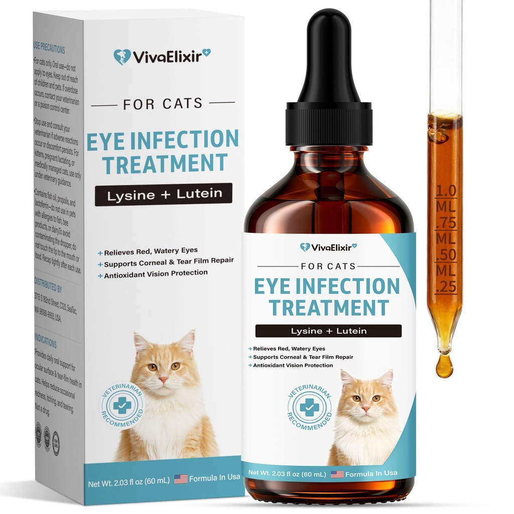 Cat Eye Infection Treatment & Vision Care Support | Cat Eye Conjunctivitis Support for Cats & Kittens | Soothes Red, Watery Eyes & Discharge | L-Lysine, Lutein, Lactoferrin, Taurine | 2.03 fl.oz