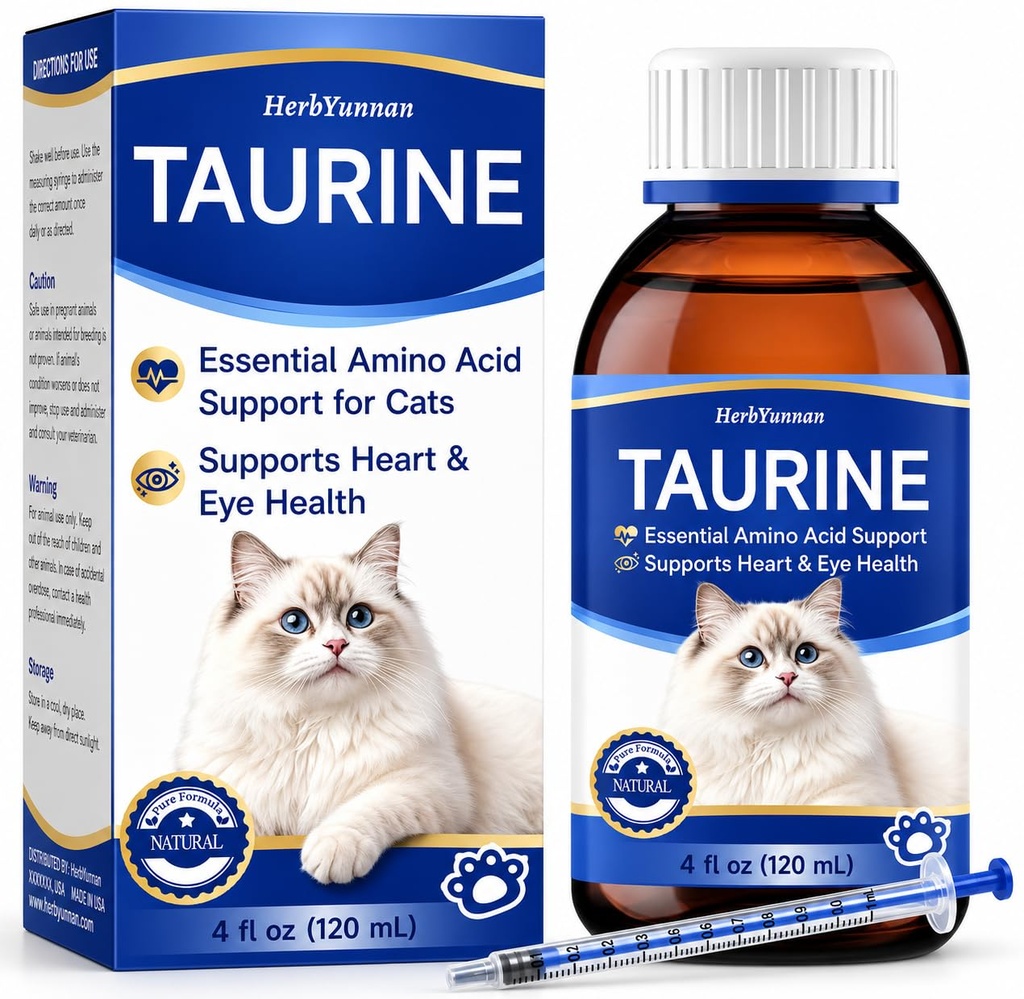 Taurine for Cats Drop 4 oz, Cats Taurine Supplement for Heart & Eye Health | 200mg High Potency Amino Acid Support for Vision & Immune System with 1ml Precision Syringe