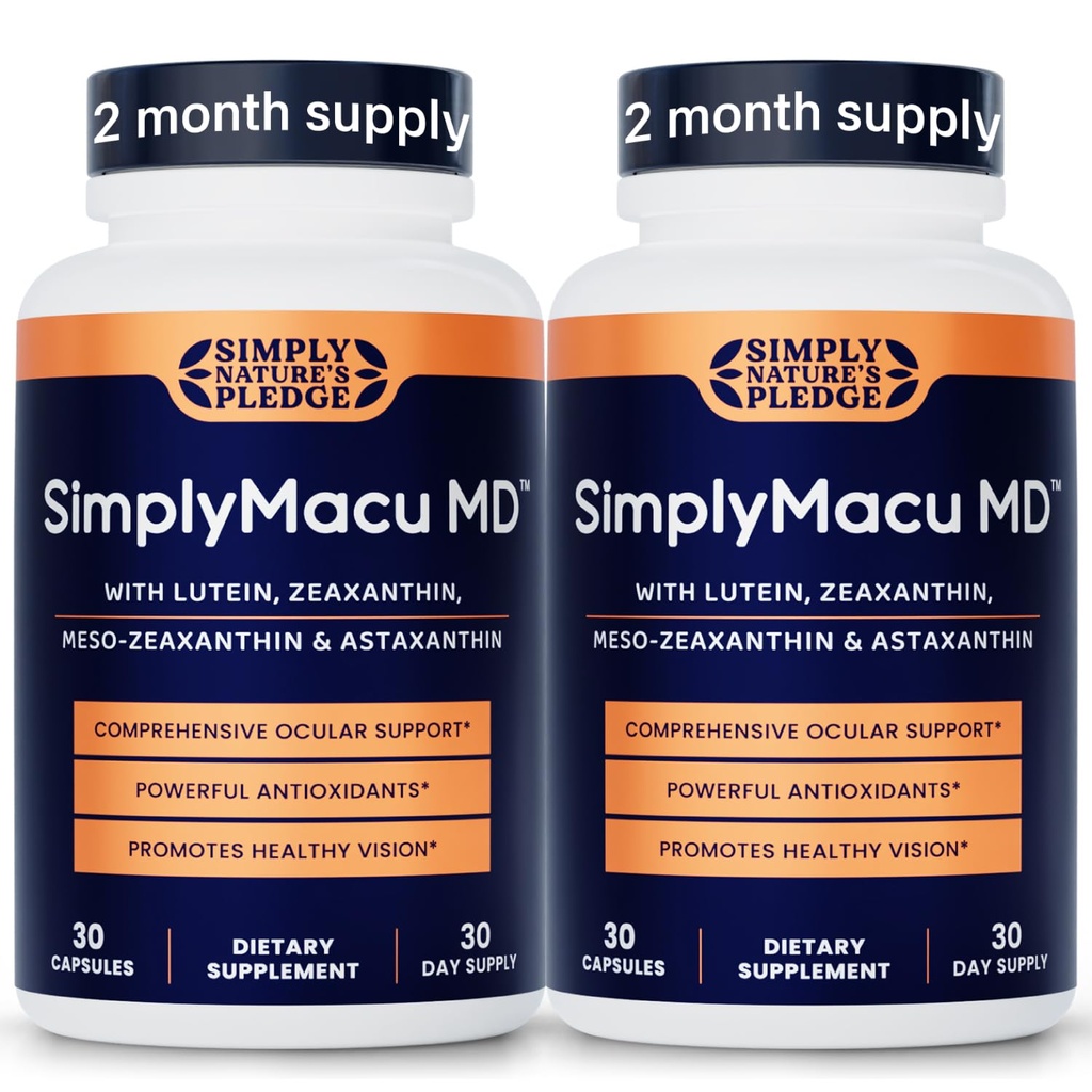 Simply Nature's Pledge Macu MD | Eye Vitamins | 2-Month Supply with Lutein, Zeaxanthin, Meso-Zeaxanthin, Astaxanthin & Bilberry Extract | Advanced Macu Health Vision Support (Pack of 2)