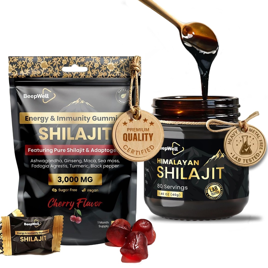 Shilajit Bundle – Pure Himalayan Shilajit Resin & High-Potency Shilajit Gummies 80 Servings Resin + 3000mg Gummies (60 Count, Cherry Flavor)