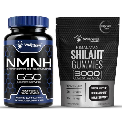 WELLNESS LABSRX NMNH Capsules and Shilajit Gummies Bundle, 2 Piece Set | 650mg Di-Hydro Mononucleotide with Himalayan Fulvic Acid Chewables, Energy & Anti Aging