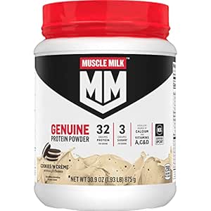 Muscle Milk Genuine Protein Powder, Cookies 'N Crème, 1.93 Pounds, 13 Servings, 32g Protein, 3g Sugar, Calcium, Vitamins A, C & D, NSF Certified for Sport, Energizing Snack, Packaging May Vary
