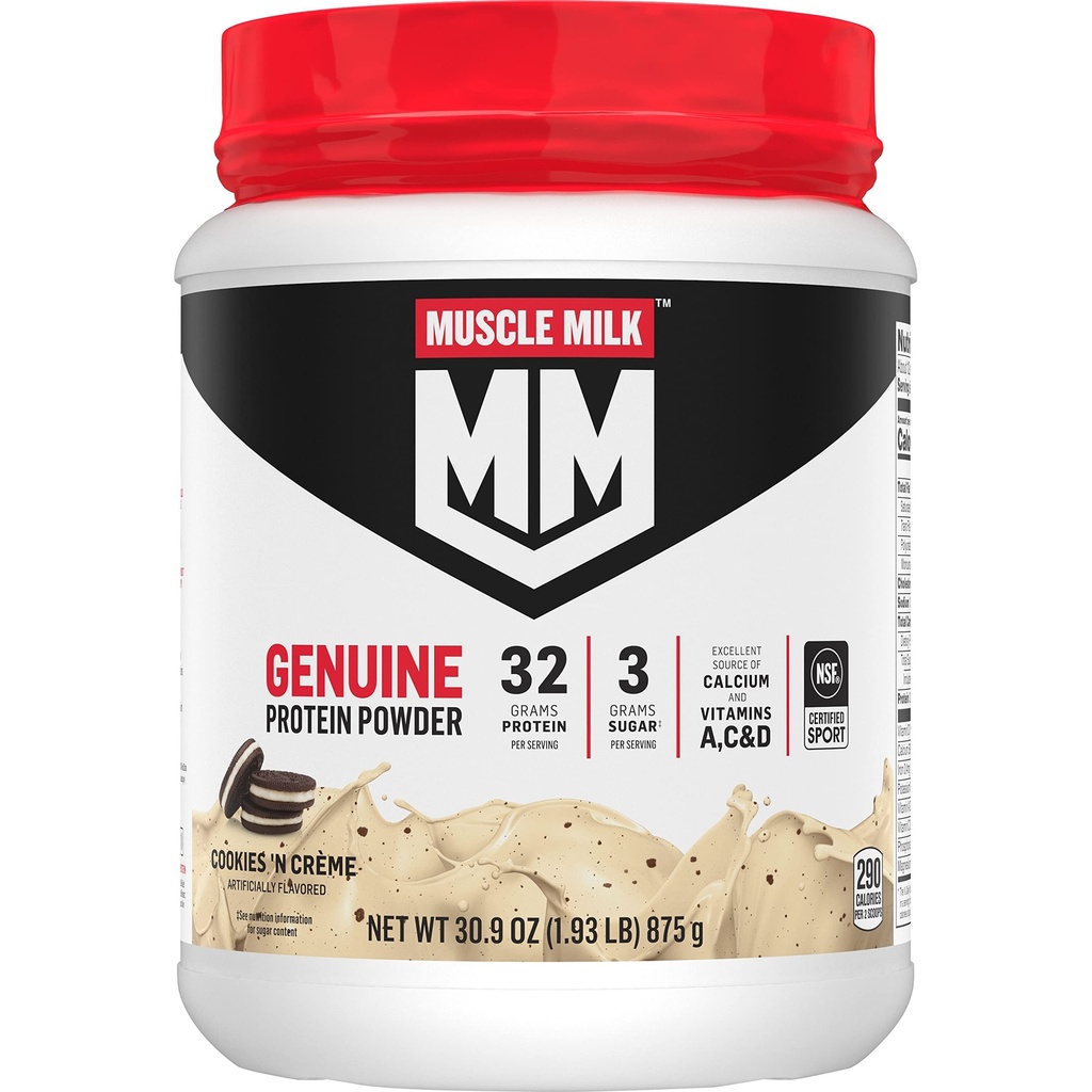 Muscle Milk Genuine Protein Powder, Cookies 'N Crème, 1.93 Pounds, 13 Servings, 32g Protein, 3g Sugar, Calcium, Vitamins A, C & D, NSF Certified for Sport, Energizing Snack, Packaging May Vary