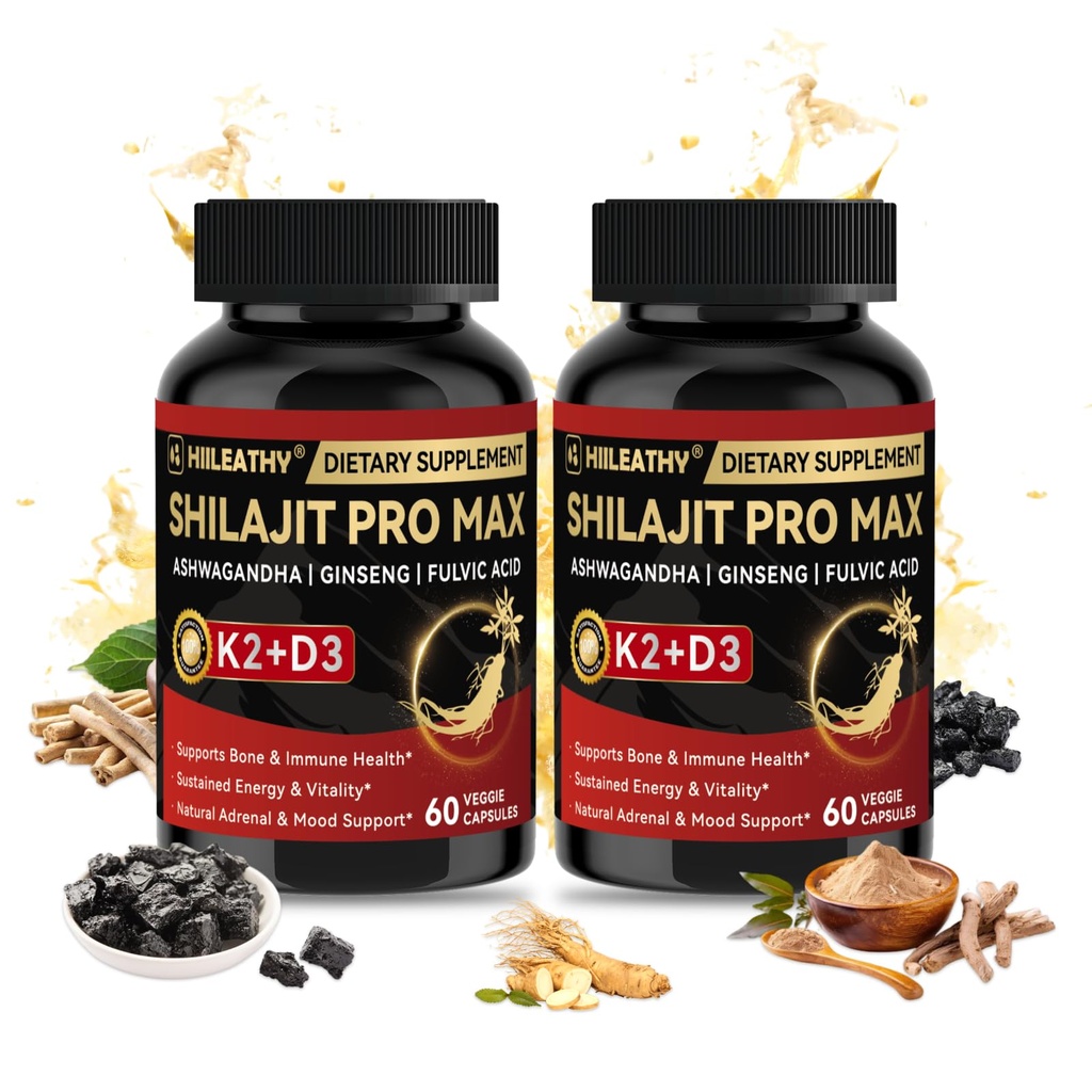 Shilajit, Shilajit for Men Women w/Vitamin K2D3, Himalayan Shilajits w/Ashwagandha Ginseng Fulvic Acid, Himalayan Shilajits for Extra Power Stamina Immune Support Non-GMO 60 Capsules, 2 Pack