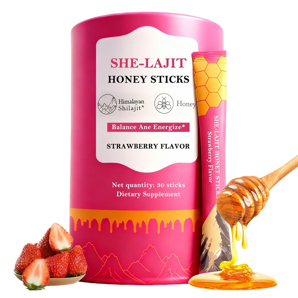 Honey Sticks Shilajit for Women with Shatavari and Saffron, Natural Energy, Strawberry Flavor, Hormonal Balance, Focus & Vitality Support, Tasty Shilajit Honeysticks with Himalayan Shilajit | 30 Sticks