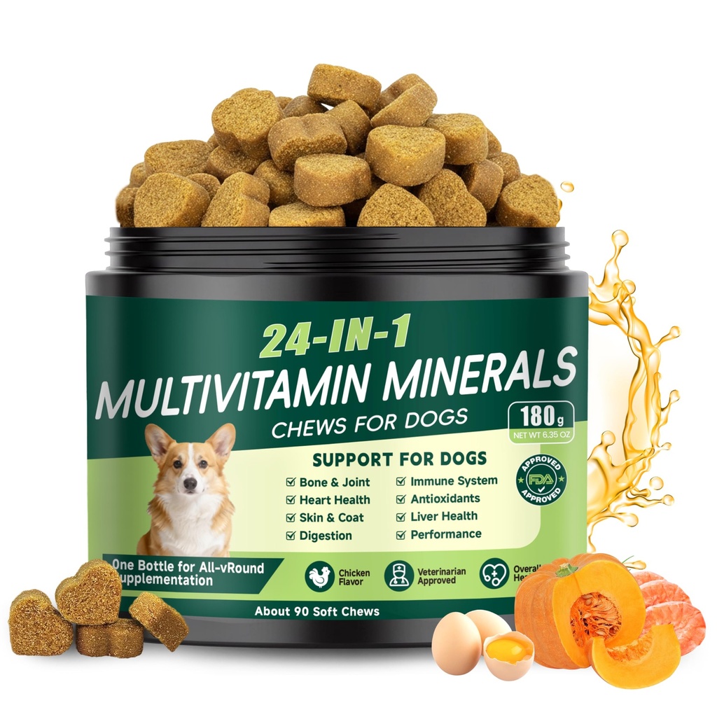 24-in-1 Dog Vitamins and Supplements, Dog Multivitamin Chewable for All Dog | Chondroitin Probiotics Omega-3 Glucosamine for Skin Coat Hip Joint Heart Gut Liver Brain Eye Immune Health, 90 Chews Chicken