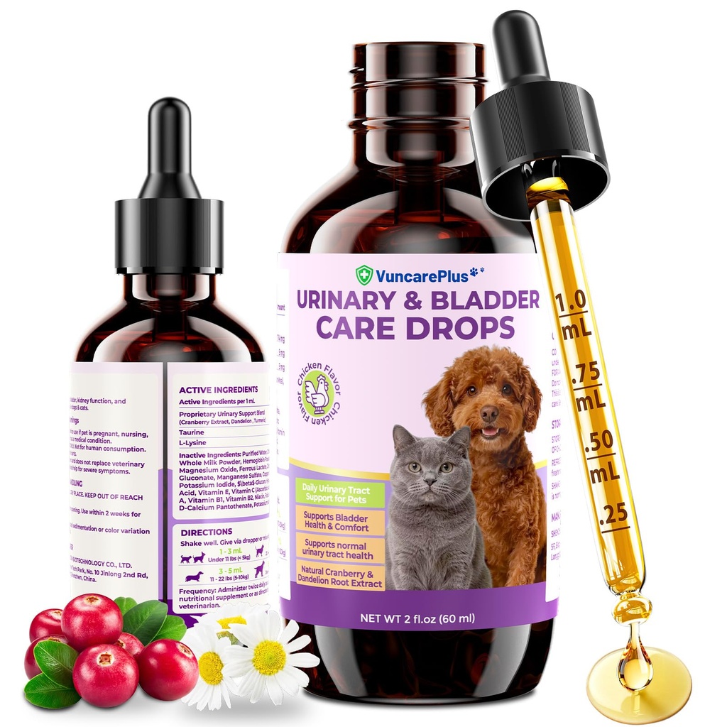 Urinary Tract Support Drops for Dogs & Cats, Cranberry, 2 fl oz | Daily liquid with dandelion, turmeric, L-lysine, taurine and vitamins; chicken flavor and easy dropper dosing.