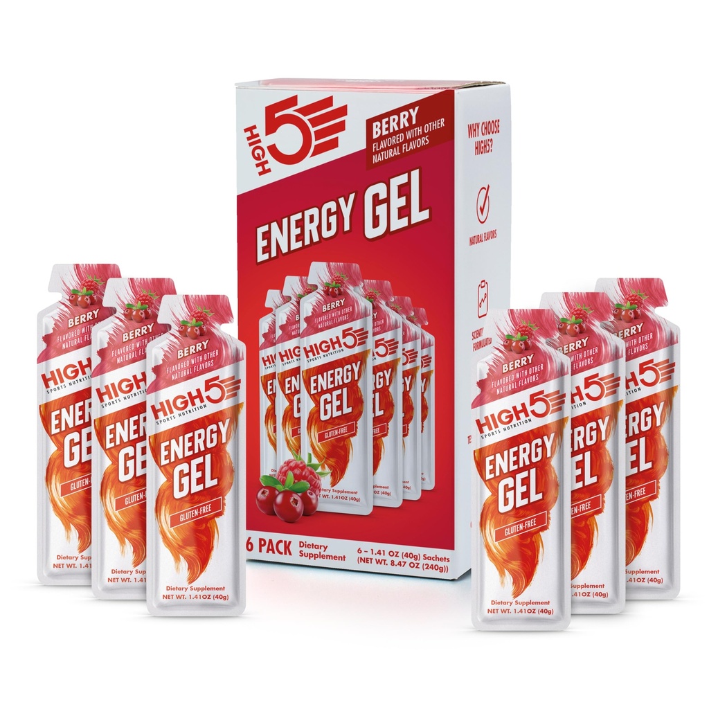 HIGH5 Energy Gel, Berry, 6 Pack, Vegan Carb Gel for Running & Cycling | Caffeine free vegan energy gel in easy to carry 40g pouches for clean fuel before, during, and after endurance exercise.