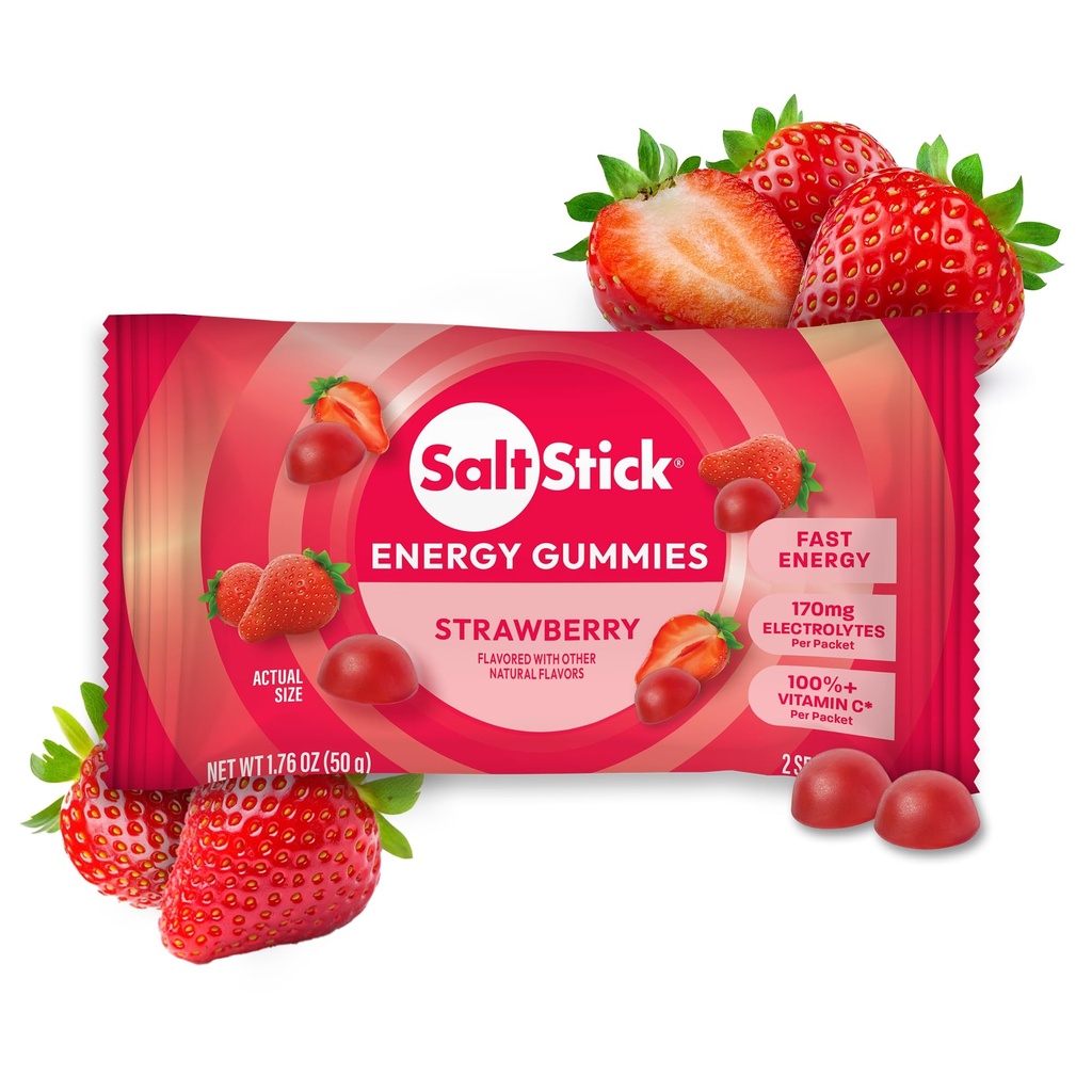 SaltStick Energy Gummies Strawberry - 10 Packets/20 Servings | Quick carbohydrates and electrolytes in delicious gummies to fuel your workout without sticky gels. Caffeine-free.