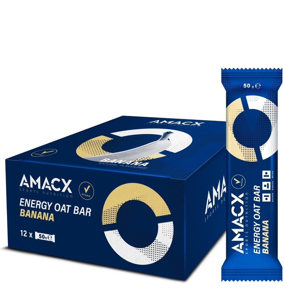 AMACX Energy Oat Bar for Endurance Sports – 12 x 50g – Energy Bars Carbohydrate mix (31g) – Vegan Protein Bar with 50mg magnesium – Running & Hiking Snacks – Healthy Oatmeal Power Bars - Banana