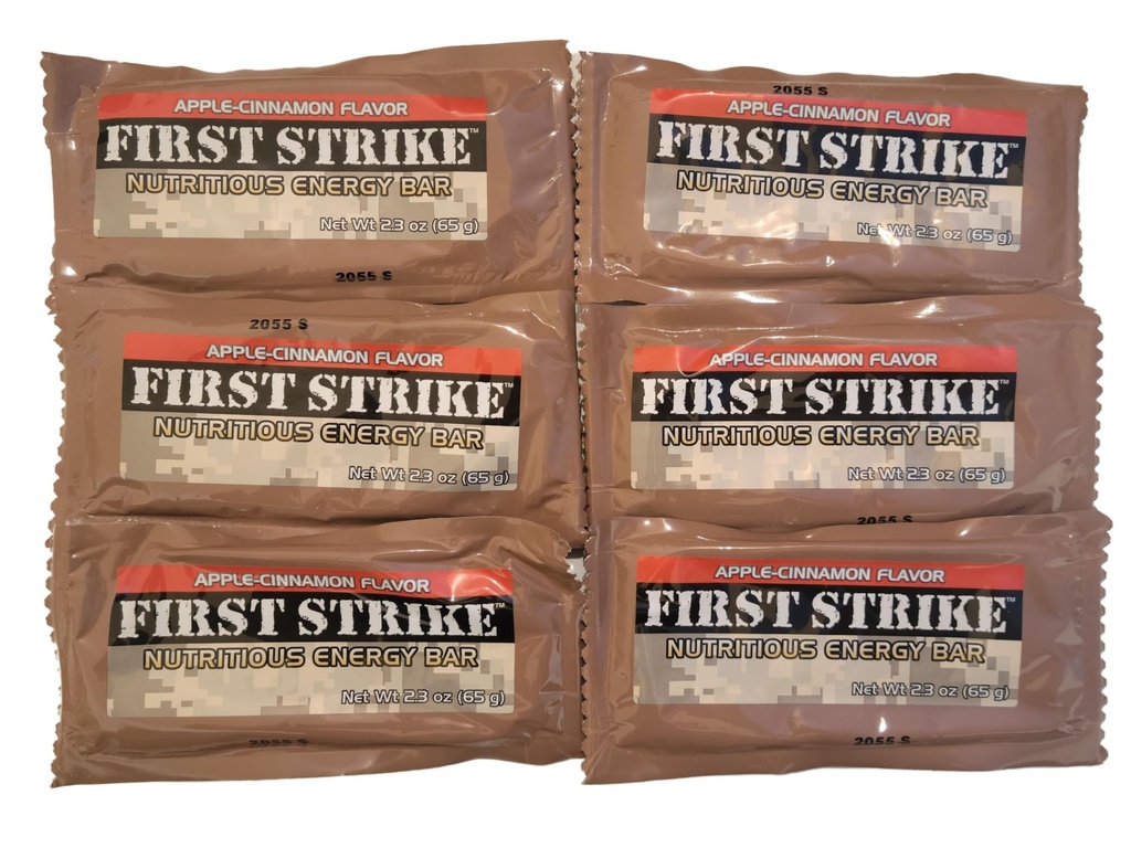 First Strike Energy Bar, Full Size [2.3oz] - Authentic Long-Life USGI MRE Ration Nutrition Bars. Many Flavors and Packs to choose from, Recent Production dates (6, Apple-Cinnamon)