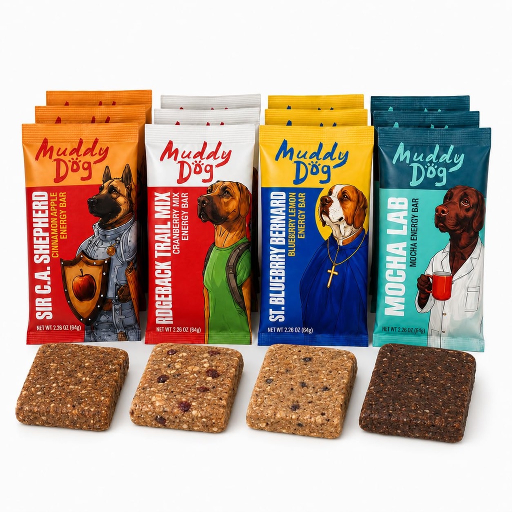 Muddy Dog Energy Bars Variety Pack, Gluten Free Nut Free Oat Snack Bars, Plant Based Human Treats for Running, Hiking and Workouts, 12 Count