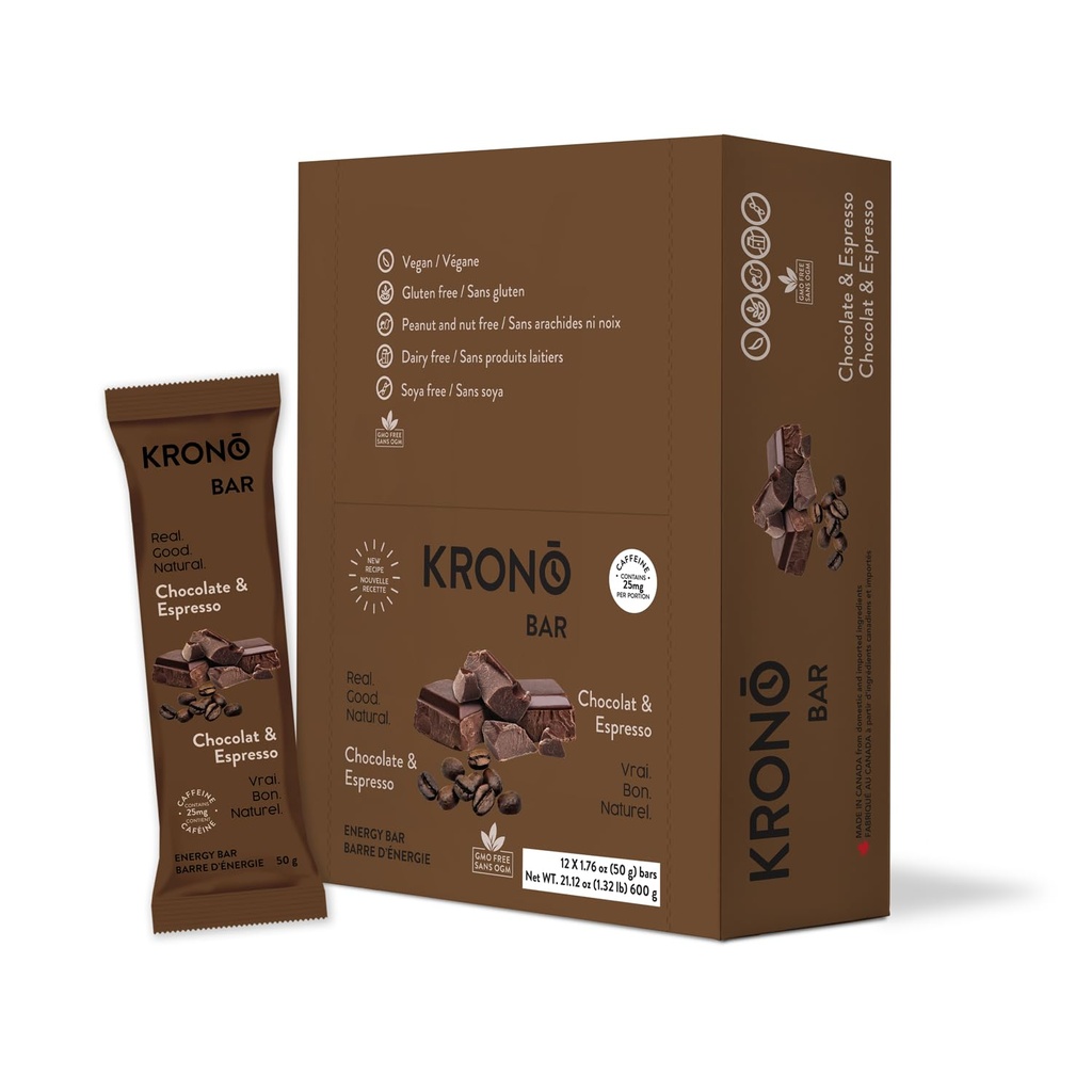 Krono Nutrition Energy Bar - Made with Natural Ingredients - Vegan - Gluten Free - Nuts Free - Soy Free - 50 gram per bars - 12 bars per box (12 count, Chocolate & Espresso)