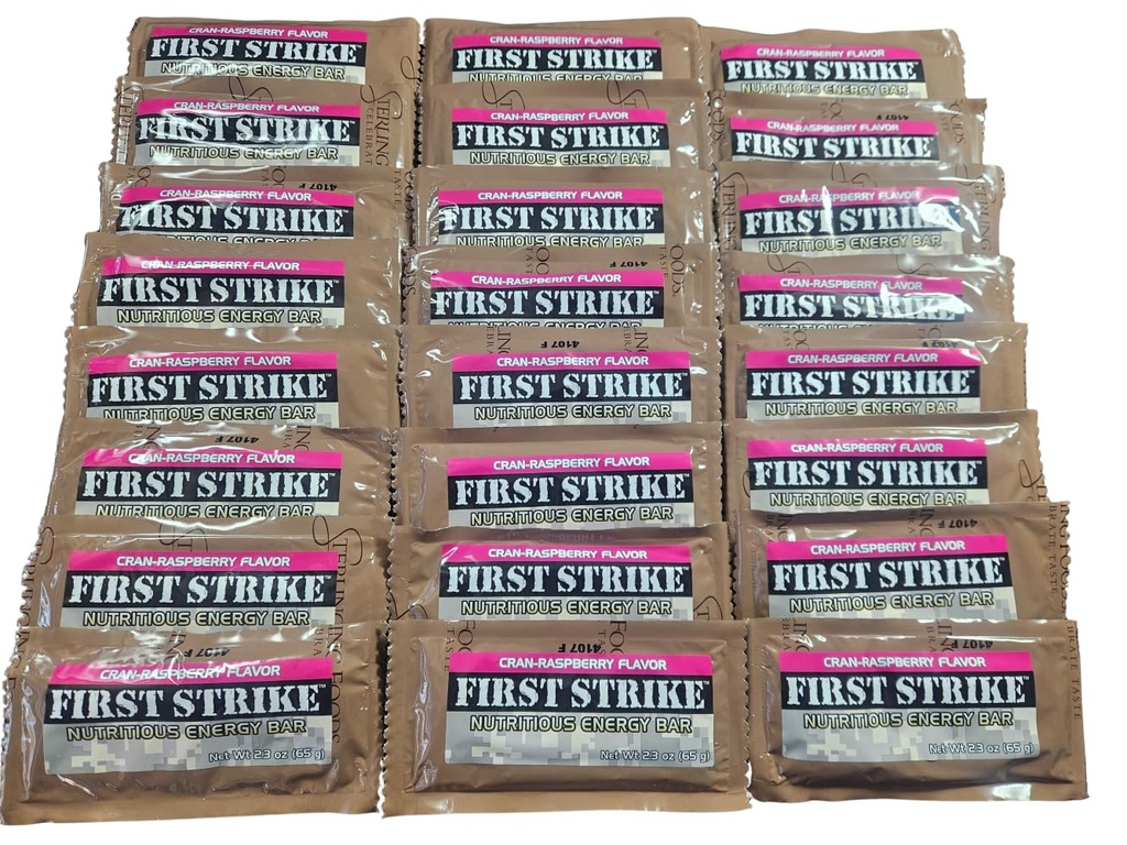 First Strike Energy Bar, Full Size [2.3oz] - Authentic Long-Life USGI MRE Ration Nutrition Bars. Many Flavors and Packs to choose from, Recent Production dates (24, CranRaspberry)
