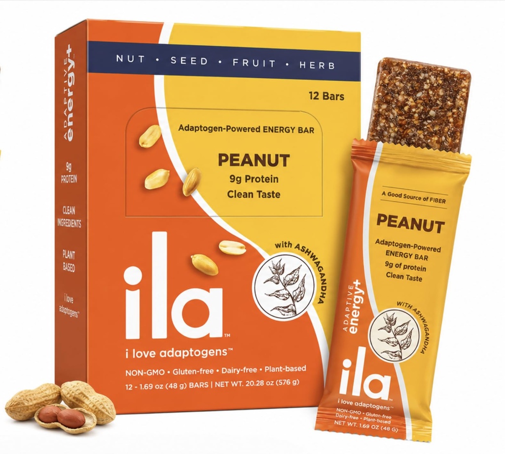 ILA Adaptogen Energy Bar — Peanut, 9g Plant Protein with Reishi & Ashwagandha, Organic Whole-Food Snack, Non-GMO, Gluten-Free, Dairy-Free, Vegan (12 Bars)