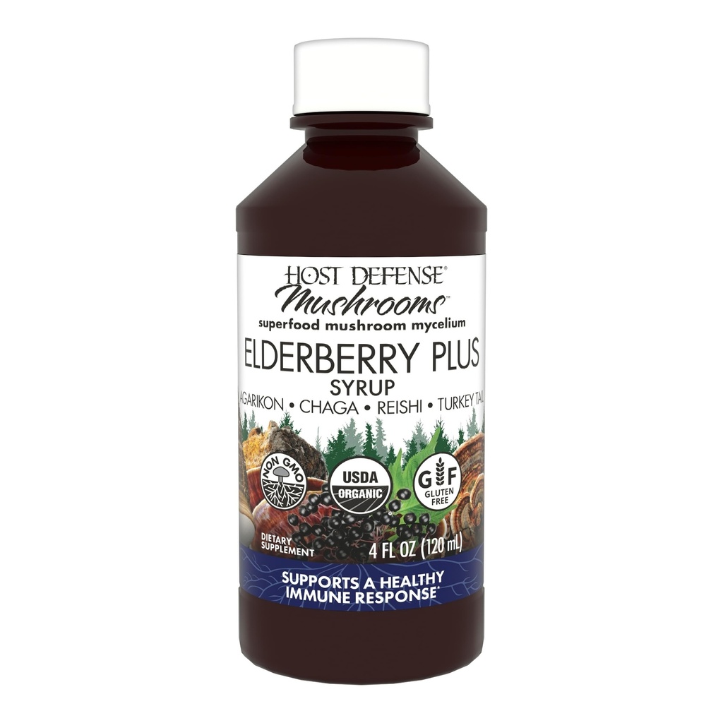 Host Defense Elderberry Plus Syrup - Ανοσοποιητικό, Αναπνευστικό & Πνεύμονα Συμπλήρωμα Υποστήριξης* - Υγρό Mushroom Συμπλήρωμα με Turkey Tail, Reishi, Agarikon & Chaga* - 4 fl oz (12 Services)