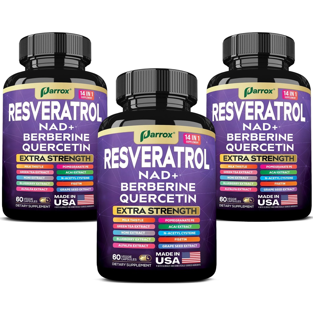Resveratrol Supplement, 14-in-1 NAD, Berberine & Quercetin, 180 Capsules | Milk Thistle, NAD, Berberine, Quercetin, Fisetin, Pomegranate, Green Tea, Acai, Grape Seed & N-Acetyl Cysteine