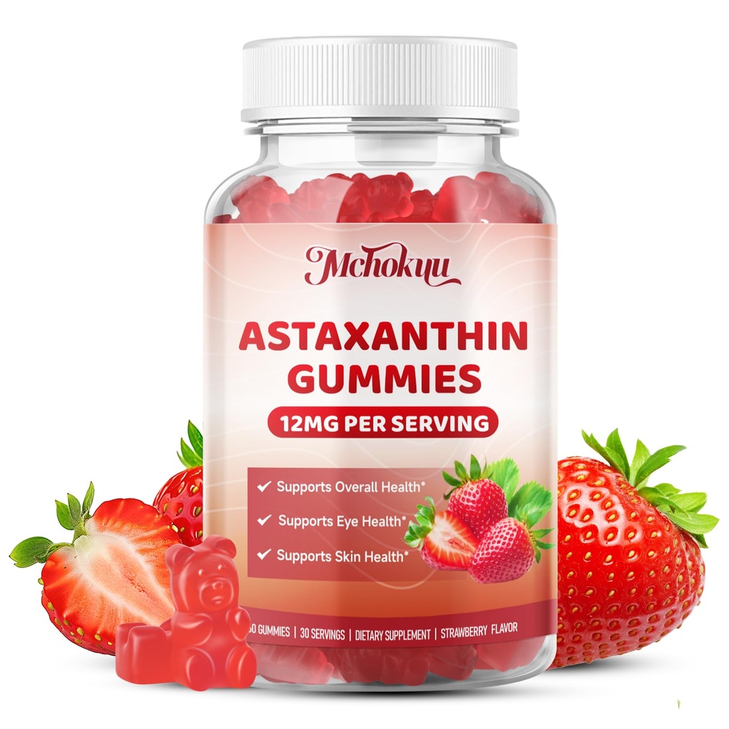 Astaxanthin Gummies 12mg - Antioxidant for Eye, Skin & Immune Support, 60ct | Astaxanthin Supplements with Lycopene, Vitamins A, C, D3, E. Vegan, 0 Sugar & Non-GMO, Soy & Gluten Free, Strawberry Flavor