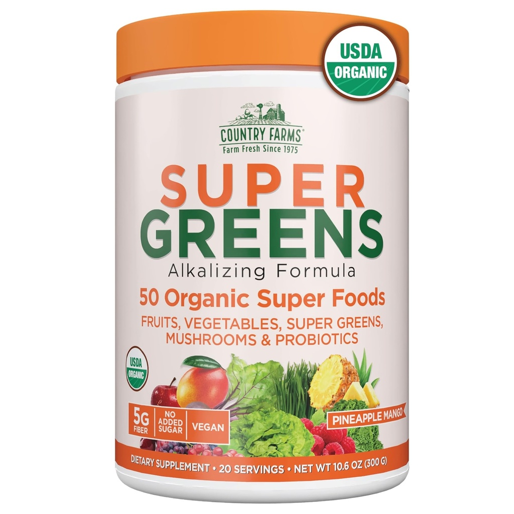 Country Farms Organic Super Greens Powder, 50 Organic Superfoods, Greens Drink with Fruits, Vegetables, Fiber, Probiotics & Mushrooms, Supports Energy, Gut Health & Digestion, Pineapple Mango Flavor