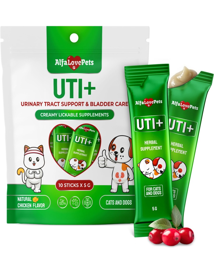 Cat UTI Treatment for Frequent Urination, Bladder & Kidney Irritation – Squeezable Dog UTI Treatment for Natural Care – Creamy UTI+ Cranberry Supplement for Dogs with Chicken Flavor – 10 Sticks x 5 g