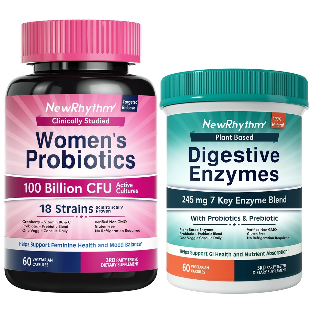 NewRhythm Digestion & Feminine Health Bundle, Probiotics, Prebiotics, Digestive Enzymes, Cranberry, Vitamin C & B6, Bundle & Save, 60 Capsules Each