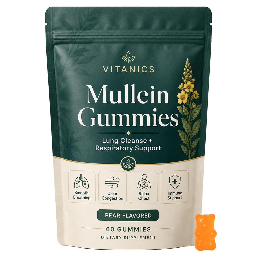 Vitanics Mullein Gummies, Mullein Leaf Extract for Lungs, Respiratory Support, Cleanse & Detox, Calm Chest, 60 Gummies (1)