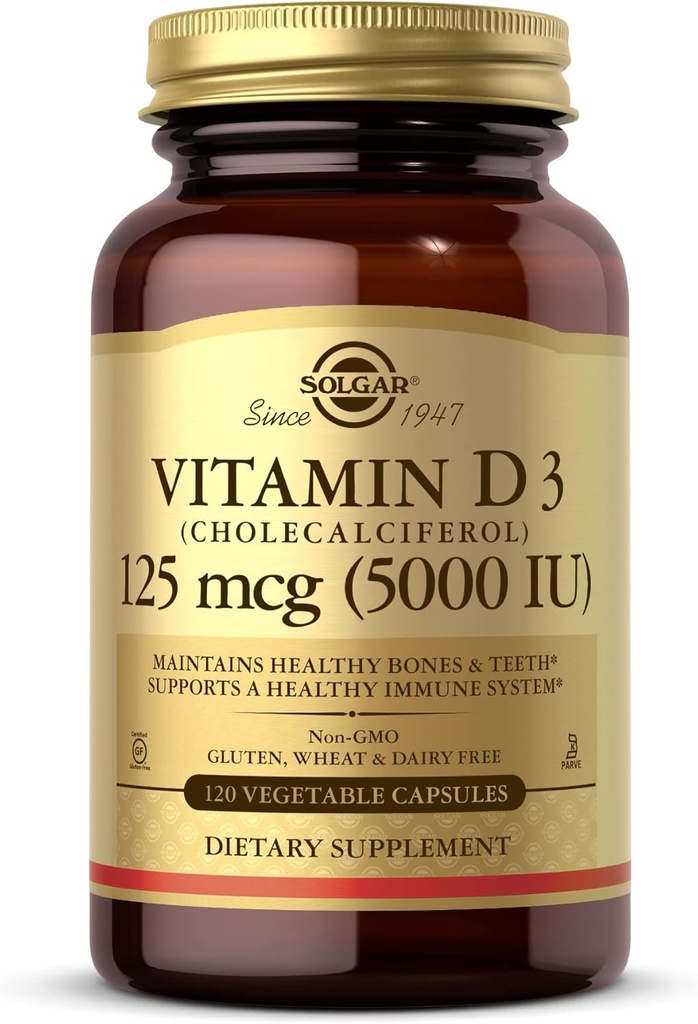 Solgar Vitamin D3 (Cholecalciferol) 125 mcg (5000 IU), 120 κάψουλες λαχανικών - Βοηθά στη διατήρηση υγιή οστά & δόντια - Υποστήριξη ανοσοποιητικού συστήματος - Μη-ΓΤΟ, Χωρίς γλουτένη, χωρίς γαλακτοκομικά, Kosher - 120 σερβιρίσματα