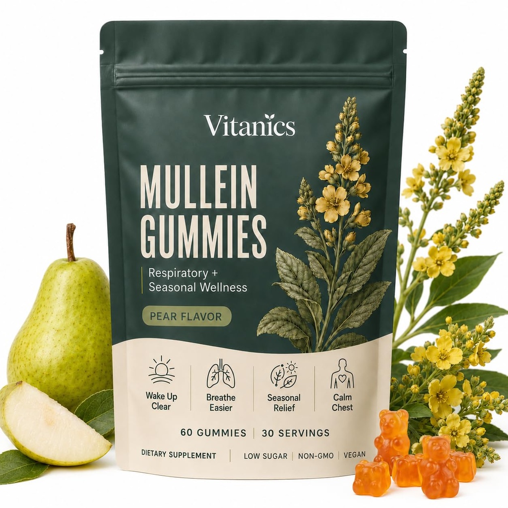 Vitanics Mullein Gummies with Quercetin and Bromelain, 60 Count | Mullein Leaf Extract for Lungs, Ashwagandha and Vitamin D3 in Pear-Flavored Gummies, Daily Respiratory Wellness