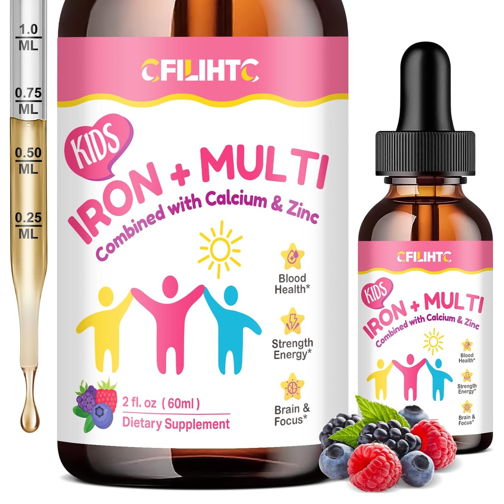 Liquid Iron Supplement for Kids, Women & Men - with Calcium, Zinc, Kids Multivitamin with Iron Drops - Blood Builder & Energy Support for Iron Deficiency, Anemia, Mixed Berry Flavor 2 Fl Oz