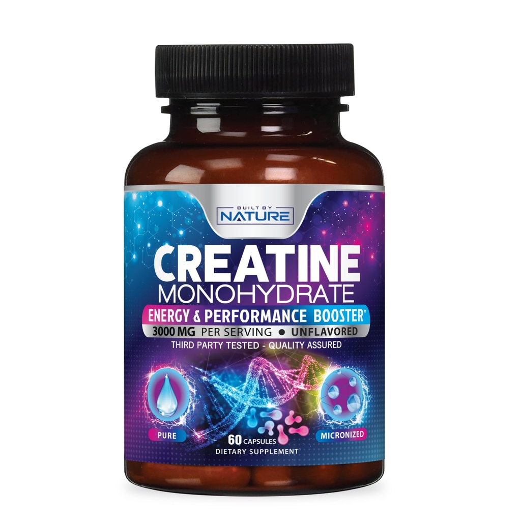 Χτισμένο από τη φύση Μονοϋδρικά Χάπια Creatine - Μικρονωμένο Συμπλήρωμα Creatine για άνδρες & γυναίκες - μυϊκή δύναμη, ενέργεια, αντοχή, και ανάκτηση - Χωρίς γλουτένη, Vegan, μη ΓΤΟ - 60 κάψουλες