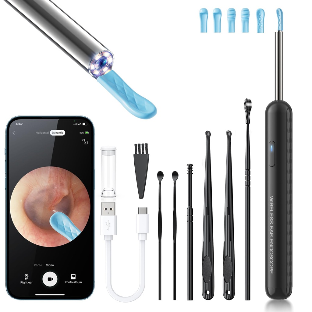 AIFINI Ear Wax Removal, Ear Cleaner with Camera and Light, FSA - HSA Eligible, Ear Wax Removal Tool Camera with 1080P, Ear Cleaning Kit with 6 Spoons, Otoscope for iOS & Android (Black)