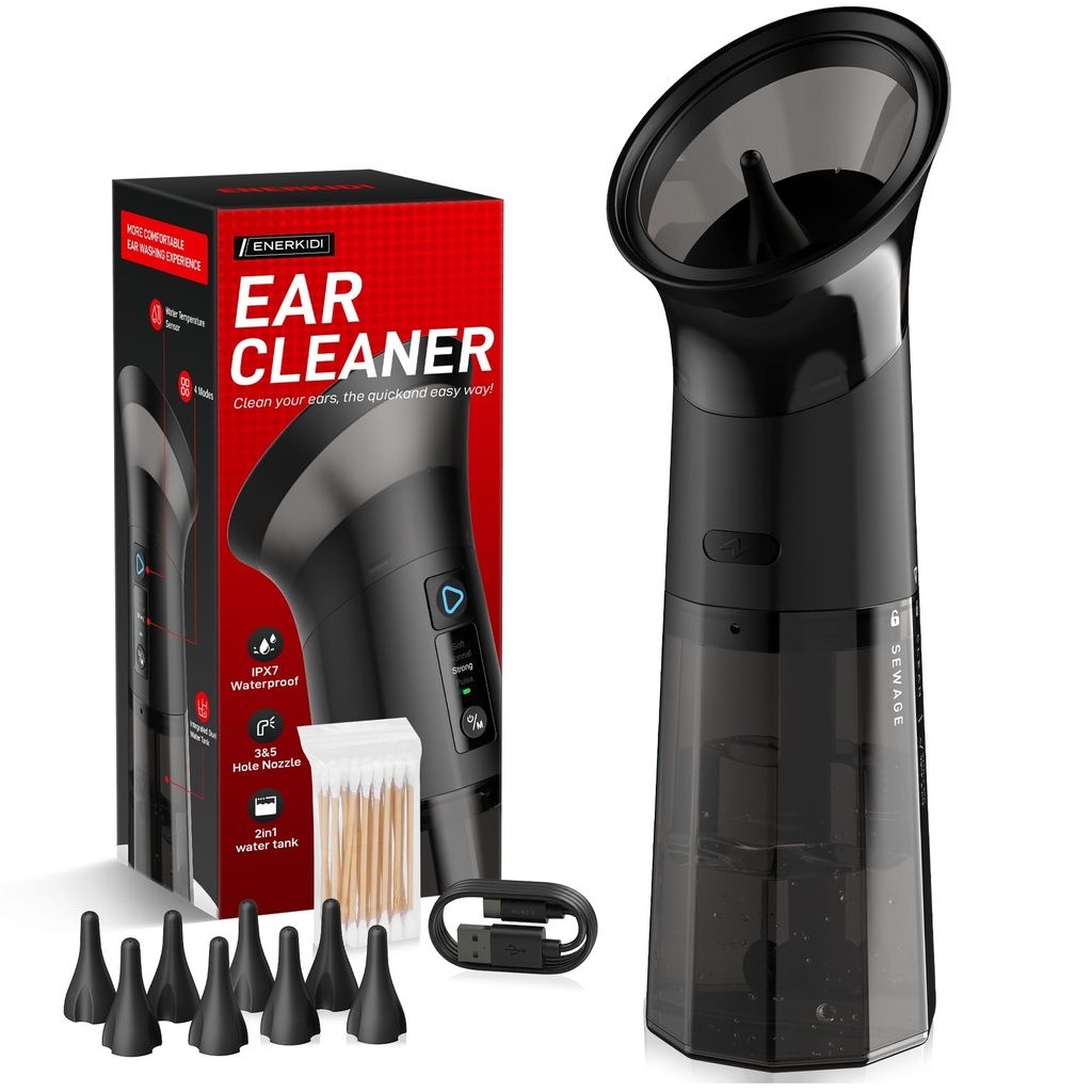 Upgraded Electric Ear Wax Removal Kit - Water Temperature Sensor & One-Piece Waste Tank - Ear Wax Cleaner with 4 Modes IPX7 Ear Irrigation Flushing System with 10 Tips