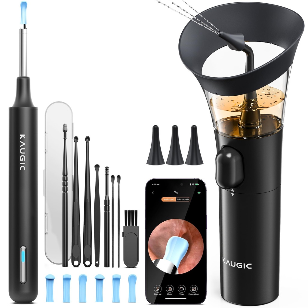 Ear Cleaner with Camera, Manual Wax Removal Kit, 7 Spoons, Black | Safe Flushing & Visual Ear Care, Earscope with Light, Ear Picker for Stubborn Wax, One-Hand Design, FSA-HSA, Home Travel Use