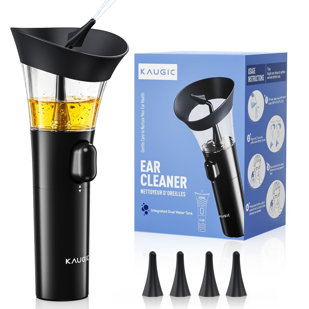 Ear Cleaner, Manual Wax Removal Kit, One-Hand Flushing, Black | Gentle Ear Irrigation Tool, Hand-Controlled Flow, Soft Silicone Tips, Comfortable Ergonomic Grip, FSA-HSA, Home Travel Use