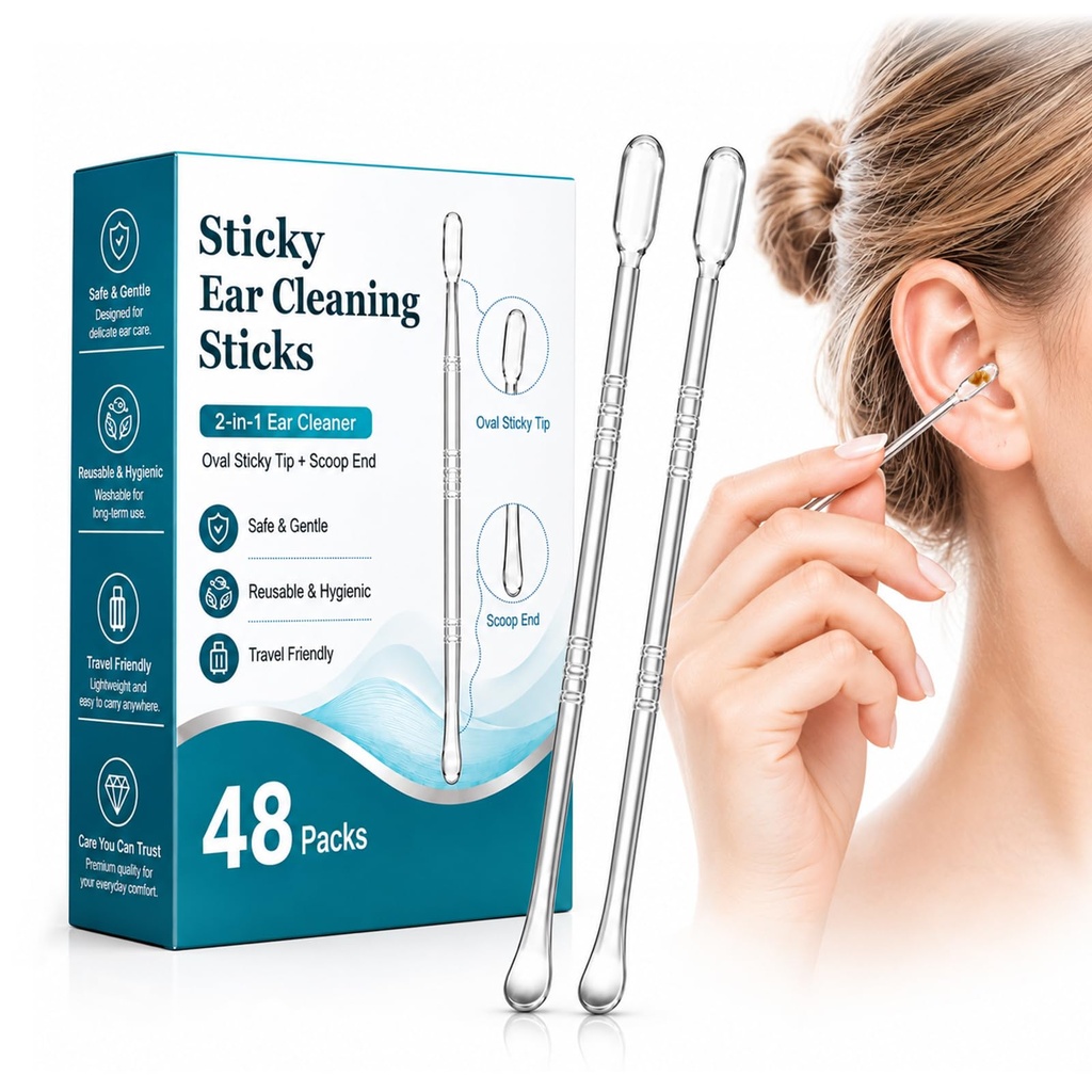 2-in-1 Sticky Ear Wax Remover, Dual-Ended Ear Cleaning Stick with Adhesive Tip & Ear Scoop, Gentle Reusable Ear Cleaner for Adults & Kids, Portable Travel Ear Care Kit (48 Count)